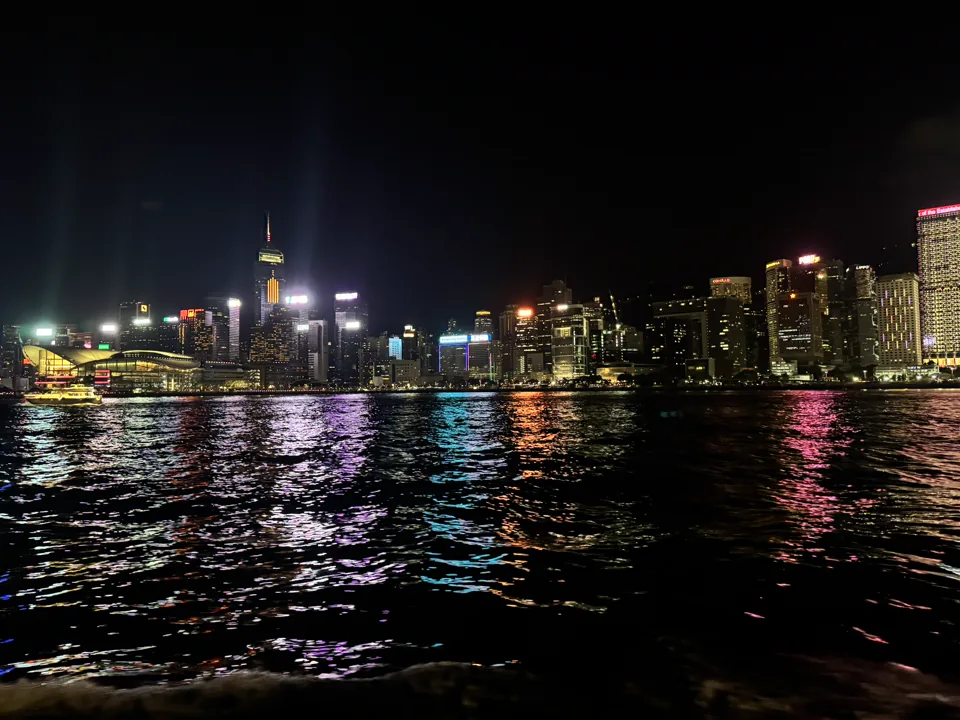 维多利亚港夜景与水面彩色倒影