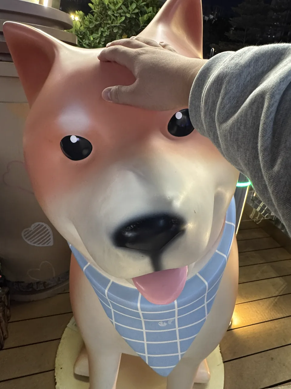 一只手轻轻摸着柴犬雕塑的头